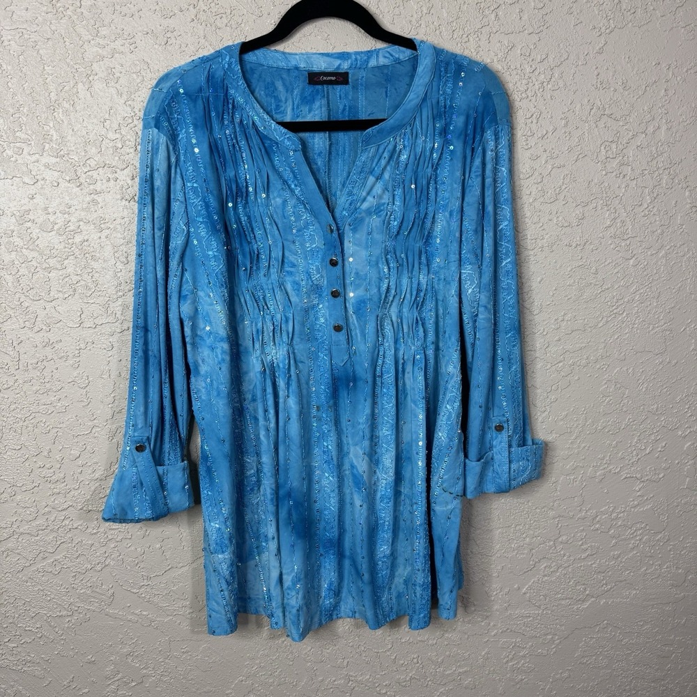 Cocomo Women's Boho Blouse Embroidered Pintuck Top Size M Blue Sequined Stretch
